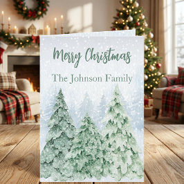 Watercolor Besneeuwde Dennenbomen Familie Kerstmis Feestdagen Kaart