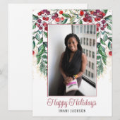 Watercolor Bessen en Evergreen Foto Kerstkaart (Voorkant / Achterkant)