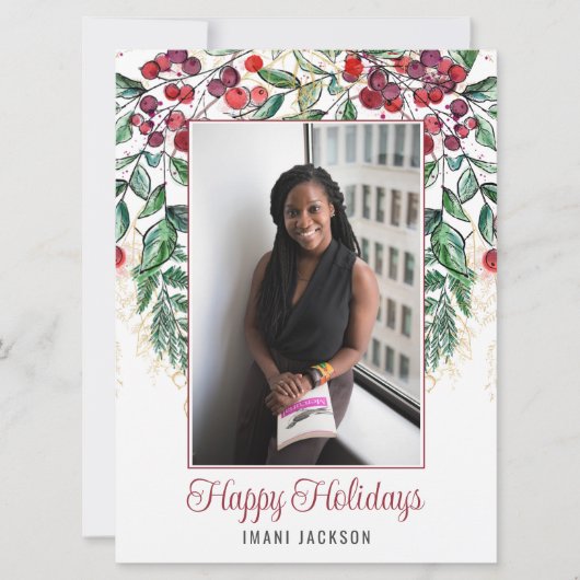 Watercolor Bessen en Evergreen Foto Kerstkaart (Voorkant)