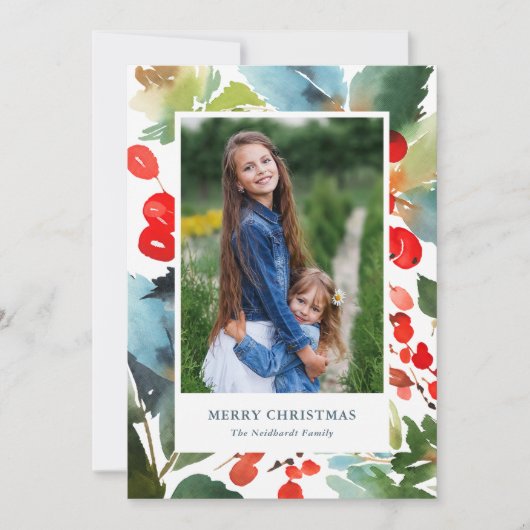 Watercolor Bessen Kerst Bloemstuk Rood Foto Feestdagenkaart (Voorkant)