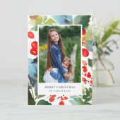 Watercolor Bessen Kerst Floral Rood Foto Feestdagenkaart (Staand voorkant)