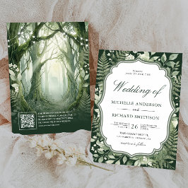 Watercolor Betoverd Bos QR Code Bruiloft Kaart