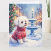 Watercolor Bichon Frise Festive Fountain Christmas Kaart (Voorkant)