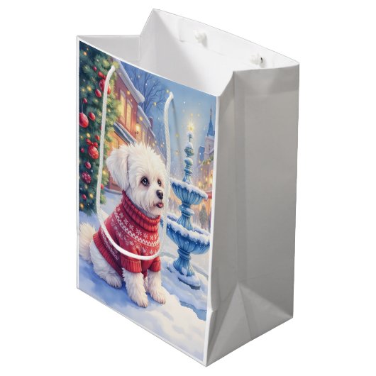 Watercolor Bichon Frise Festive Fountain Christmas Medium Cadeauzakje (Voorkant Gekanteld)