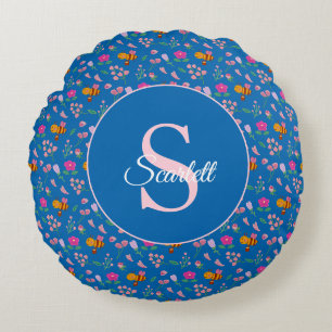 Watercolor Bij en Bloemen Monogram Naam Blauw Rond Kussen