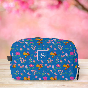 Watercolor Bij & Roze Wilde Bloemen Monogram Blauw Toilettasje