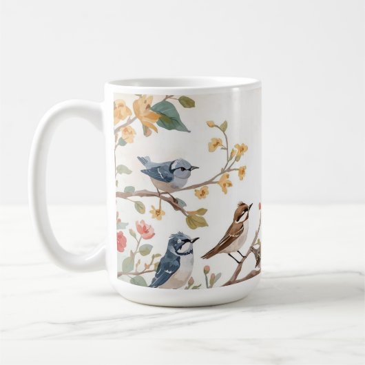 Watercolor Birds in Bloom Koffiemok (Links)