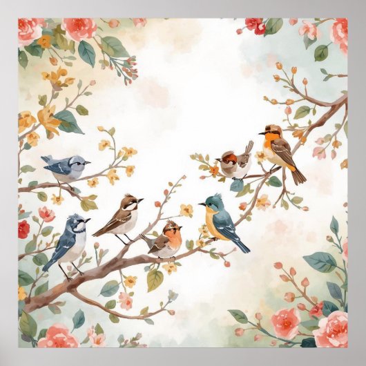 Watercolor Birds in Bloom Poster (Voorkant)