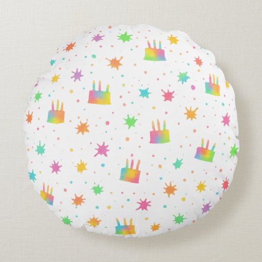 Watercolor Birthday Cake Colorful Paint Splatter Rond Kussen (Voorkant)