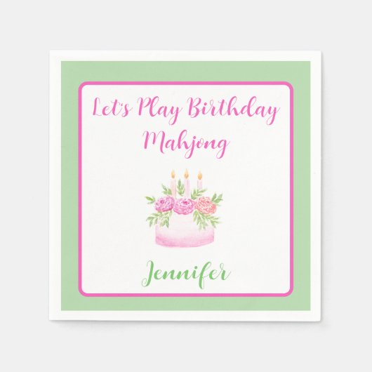 Watercolor Birthday Cake Mahjong PERSONALIZE Green Servet (Voorkant)