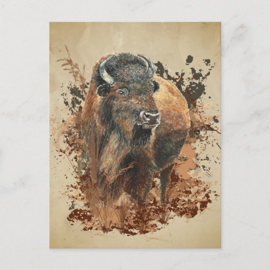 Watercolor Bizon Buffalo Dier Natuur Natuur Wo Briefkaart (Voorkant)