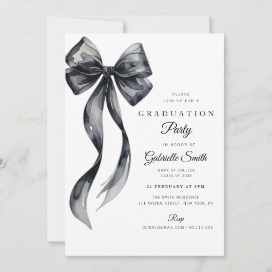 Watercolor black bow modern graduation party kaart (Voorkant)