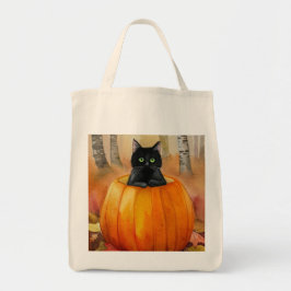 Watercolor Black Cat in Pumpkin Autumn Forest Hall Tote Bag