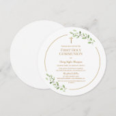 Watercolor bladeren Gouden Kruis Eerste communie Kaart (Voorkant / Achterkant)