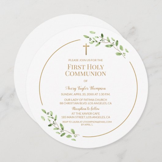 Watercolor bladeren Gouden Kruis Eerste communie Kaart (Voorkant / Achterkant)