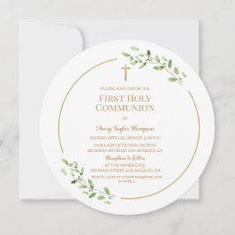 Watercolor bladeren Gouden Kruis Eerste communie Kaart