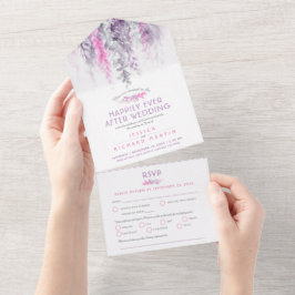 Watercolor bladeren indigoblauw roze huwelijksfees all in one uitnodiging