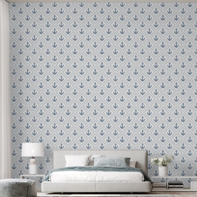 Watercolor Blau Anker Diamant en Wit Kust Behang (Slaapkamer)