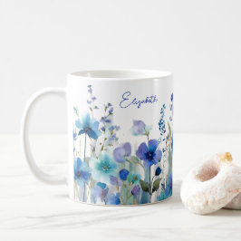 Watercolor Blau Bloem Aangepaste Naam Koffiemok