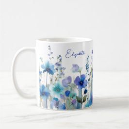 Watercolor Blau Bloem Aangepaste Naam Koffiemok
