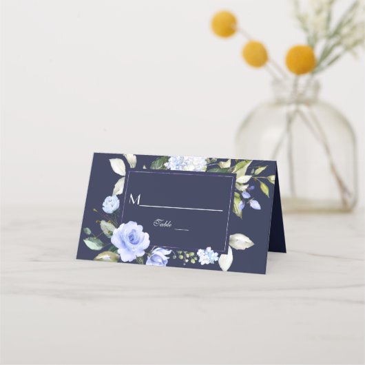 Watercolor Blau Bloem Motief Bruiloft Tafel Nummer Plaatskaartje (Voorkant)