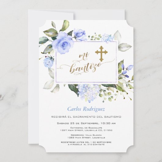 Watercolor Blau Bloemenkader Gouden Kruis Mi Bauti Kaart (Voorkant)