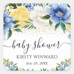 Watercolor Blau en Gele Bloemen Baby Shower Vierkante Sticker