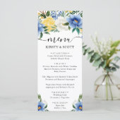 Watercolor Blau en Gele Bloemen Bruiloft Menu (Staand voorkant)