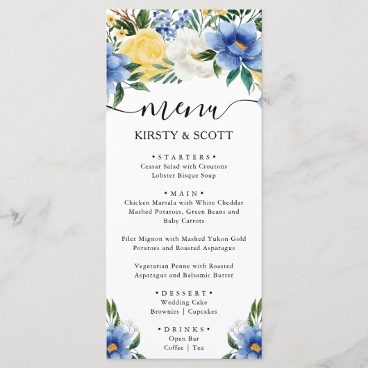 Watercolor Blau en Gele Bloemen Bruiloft Menu (Voorkant)