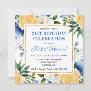 Watercolor Blau en Gele Zomerbloemen Verjaardag Kaart
