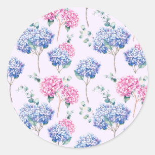 Watercolor Blau en Roze Hortensia's Bloemenpatroon Ronde Sticker