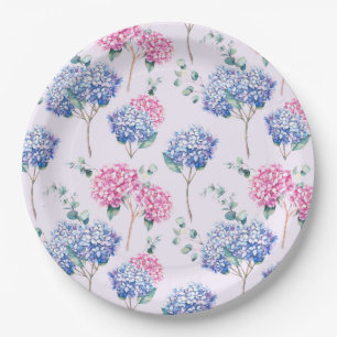 Watercolor Blau en Roze Hortensia's Bloempatroon Papieren Bordje