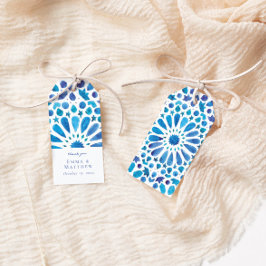 Watercolor Blau Mediterraan Tegel Huwelijk Cadeaulabel