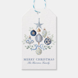 Watercolor Blau Ornamenten Kerst Cadeaulabel