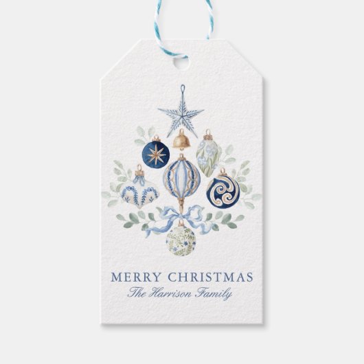 Watercolor Blau Ornamenten Kerst Cadeaulabel (Voorkant)