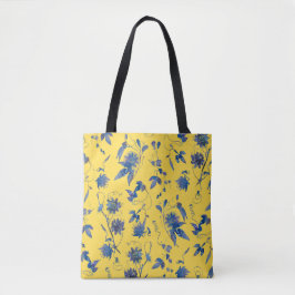 Watercolor Blau Passiflora op Mosterdgeel Tote Bag