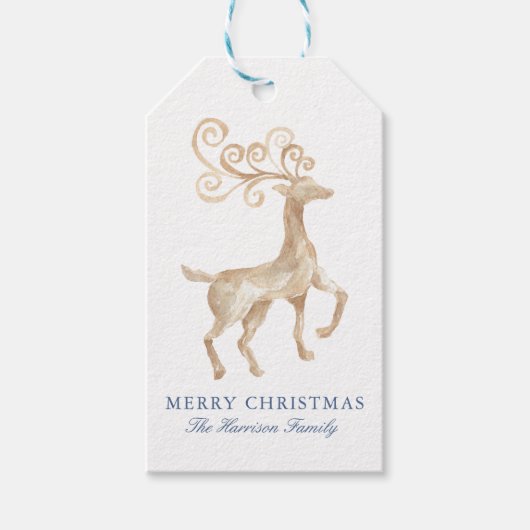 Watercolor Blau Rendier Kerstmis Cadeaulabel (Voorkant)