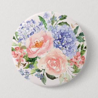 Watercolor Blau Roze Hortensia Pioen Lente Bloem Ronde Button 7,6 Cm