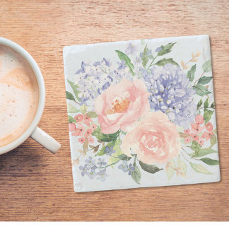 Watercolor Blau Roze Hortensia Pioen Lente Bloemen Stenen Onderzetter