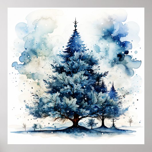 Watercolor Blau Vakantie Kerstboom Poster (Voorkant)