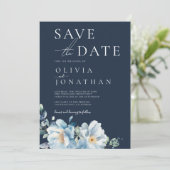 Watercolor Blau Winter Bloem Bruiloft Save The Date (Staand voorkant)