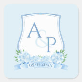 Watercolor Blau Witte Hydrangea Trouw Crest Vierkante Sticker (Voorkant)