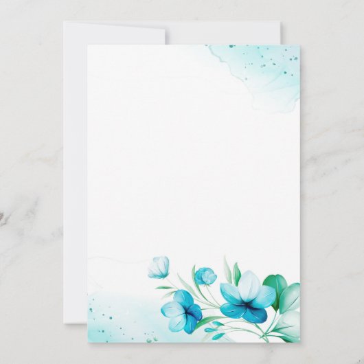 Watercolor Blauw Aqua Bloem Bruiloft Kaart (Achterkant)