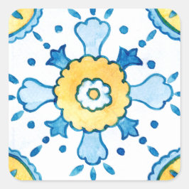 Watercolor Blauw en Geel Moors Tegelpatroon Vierkante Sticker