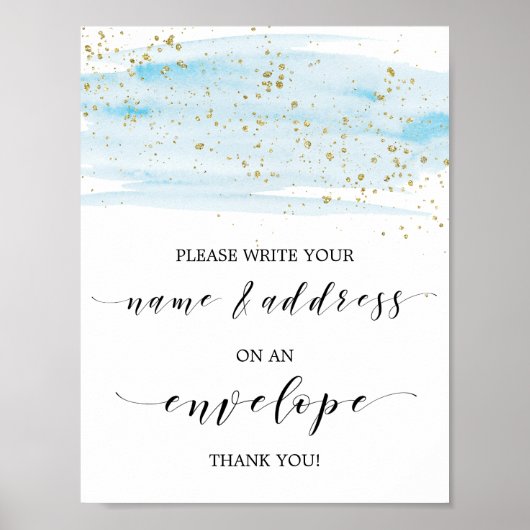 Watercolor Blauw en Goud Adres Een Envelop Label Poster (Voorkant)