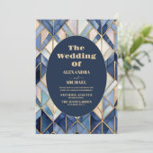 Watercolor Blauw en Goud Art Deco Bruiloft Kaart (Staand voorkant)