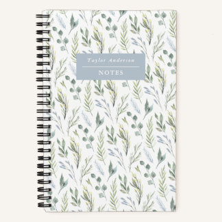 Watercolor blauw en groen bladeren spiraal noteboo notitieboek