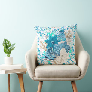 Watercolor Blauw en Wit Hallo Winter Schaatsen Kussen