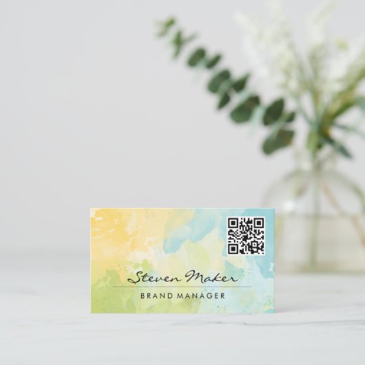 Watercolor Blauw Geel | QR Code Visitekaartje (Staand voorkant)