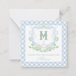 Watercolor Blauwe 1e Verjaardag Monogram Wapenschi Notitiekaartje